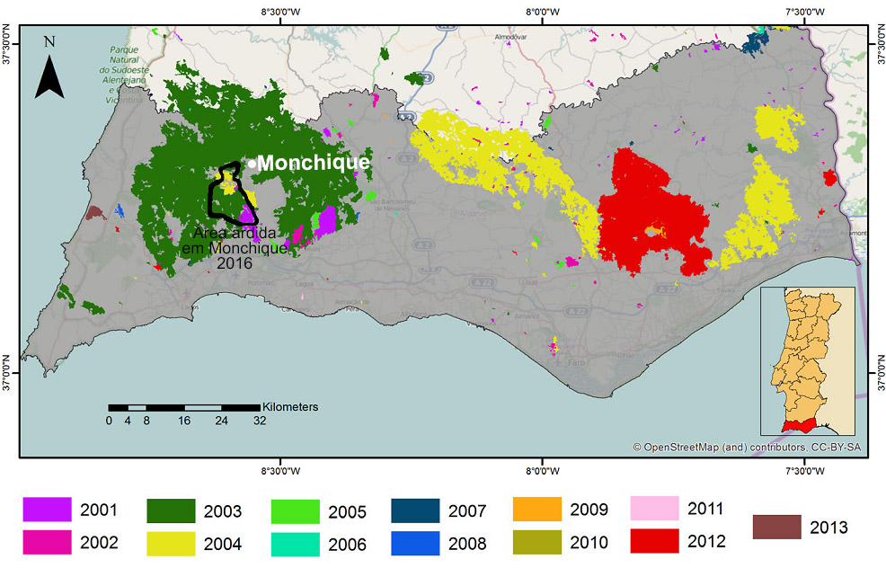 Mapa da área ardida no Algarve entre 2001 e 2013, com indicação da área ardida em Monchique no incêndio de 2016.